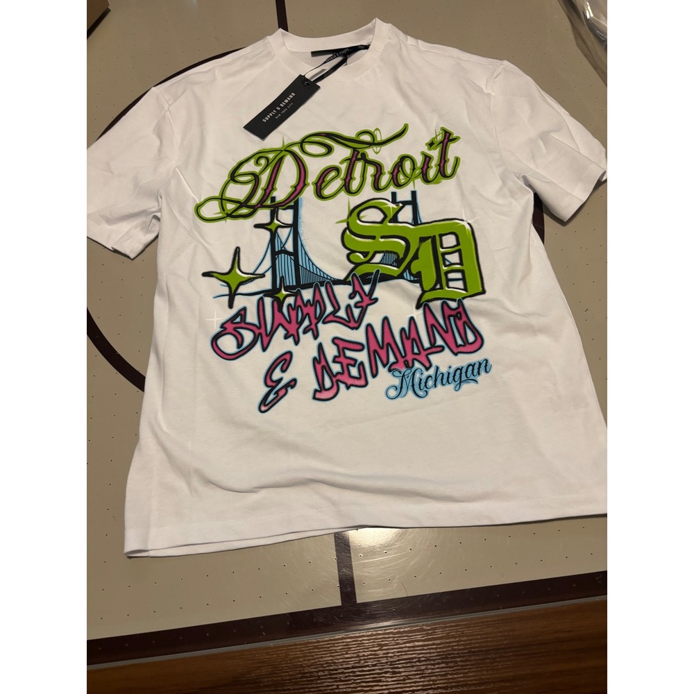 Supply & Demand Detroit Michigan Graphic Tee White Neon Green Pink Mens Size M